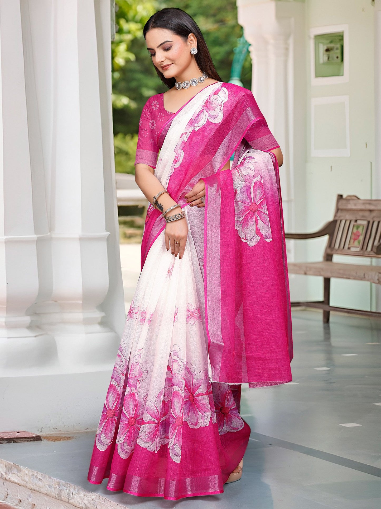 White Block Print Cotton Linen Digital Print Saree