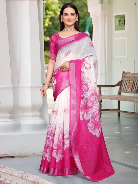White White Block Print Cotton Linen Digital Print Saree