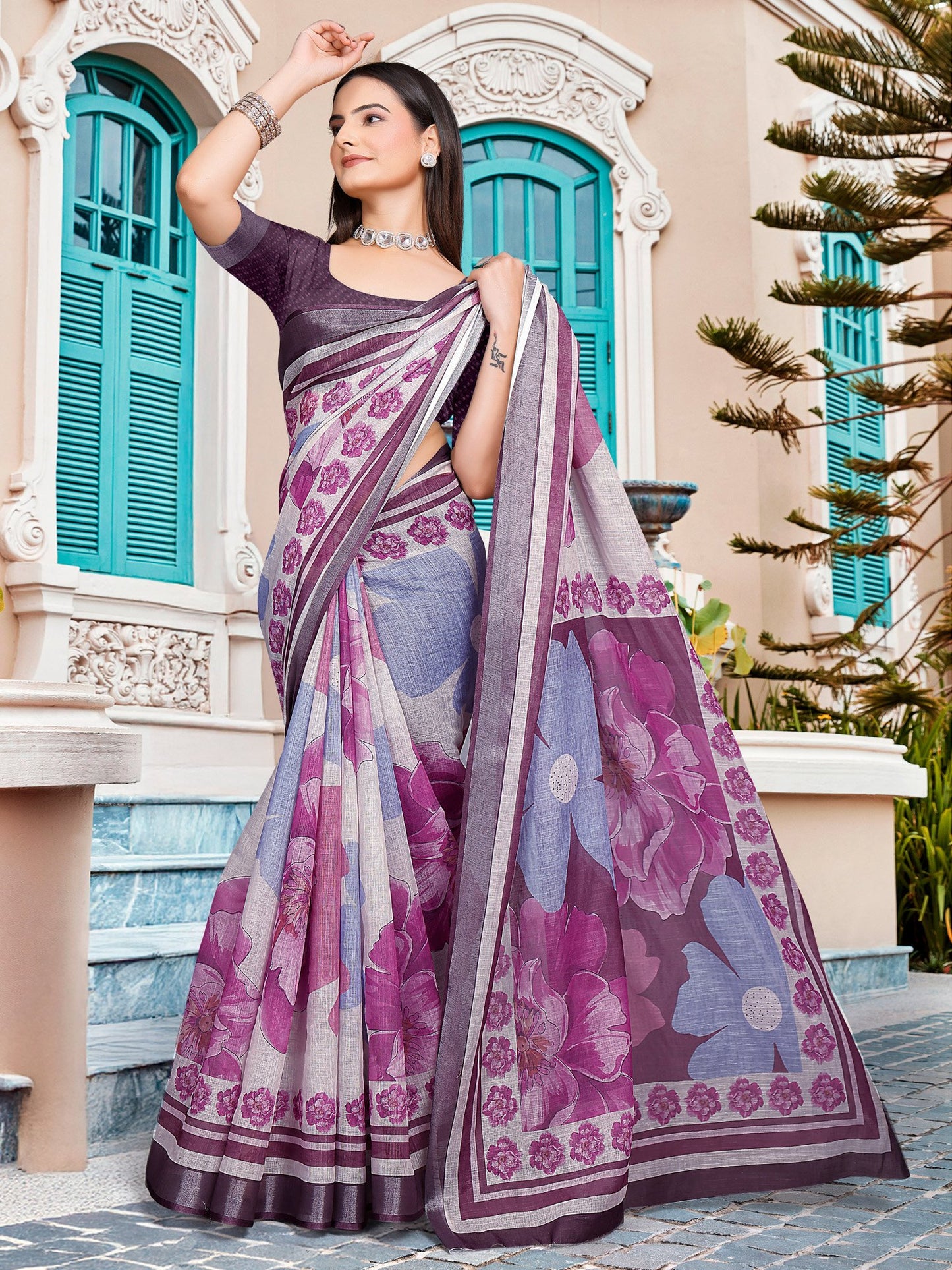 Magenta Block Print Cotton Linen Digital Print Saree