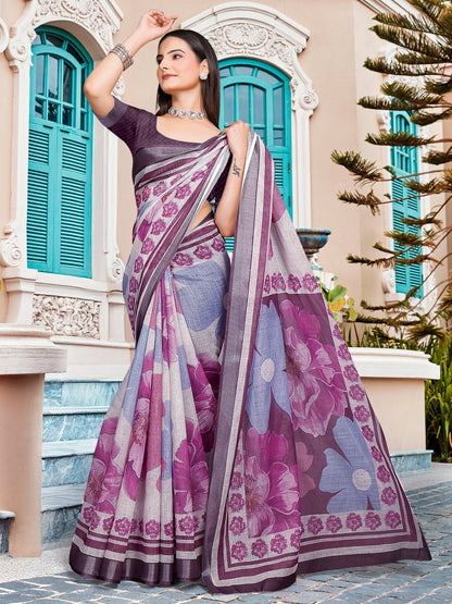 Magenta Block Print Cotton Linen Digital Print Saree