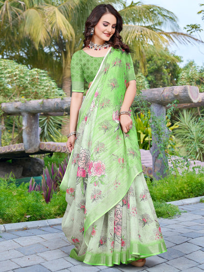 Light Sungudi Cotton Linen Digital Print Saree