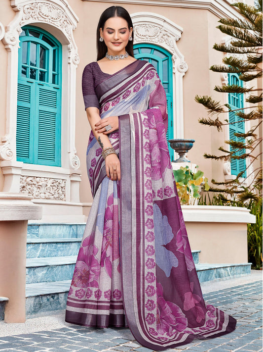 Purple Magenta Block Print Cotton Linen Digital Print Saree
