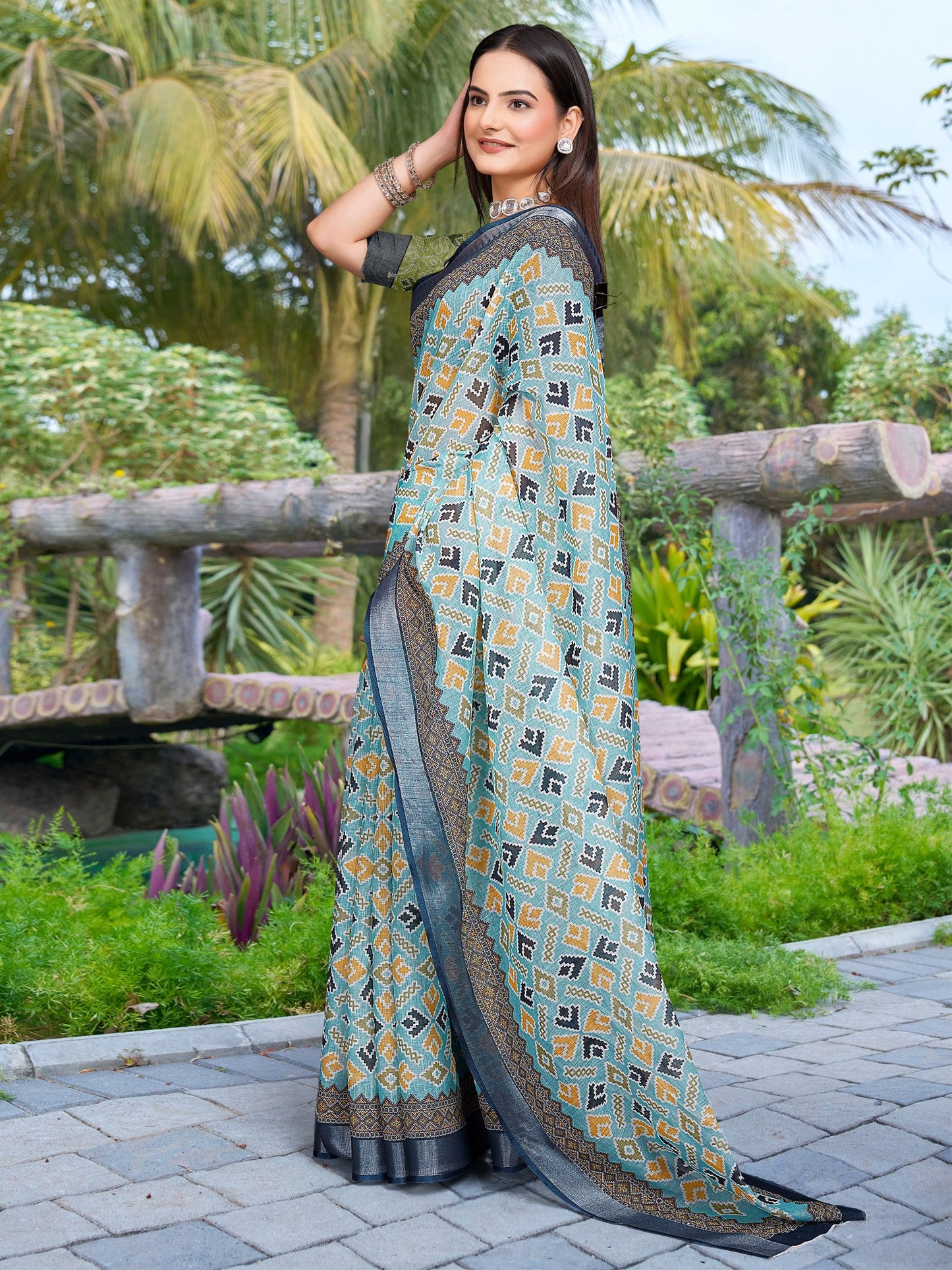 Light Block Print Cotton Linen Digital Print Saree