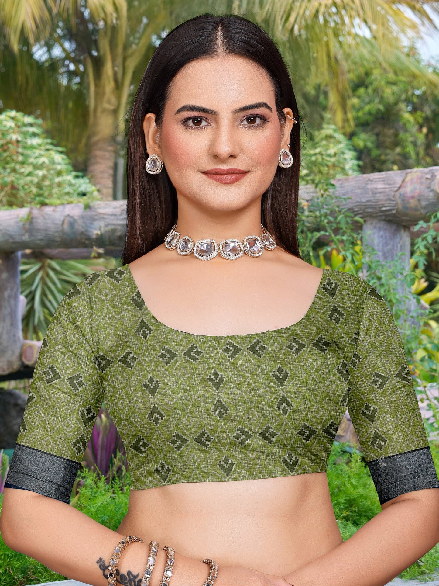 Light Block Print Cotton Linen Digital Print Saree