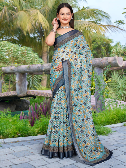 Blue Light Block Print Cotton Linen Digital Print Saree