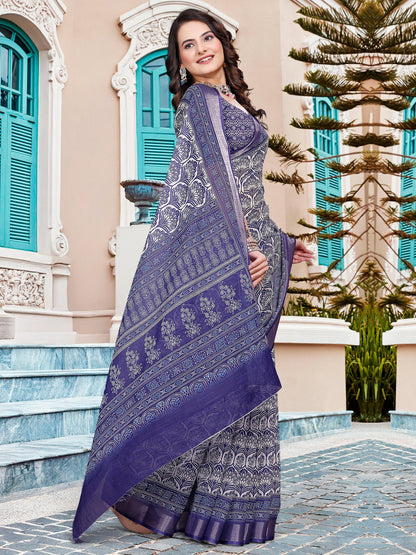 Purple Sungudi Cotton Linen Digital Print Saree