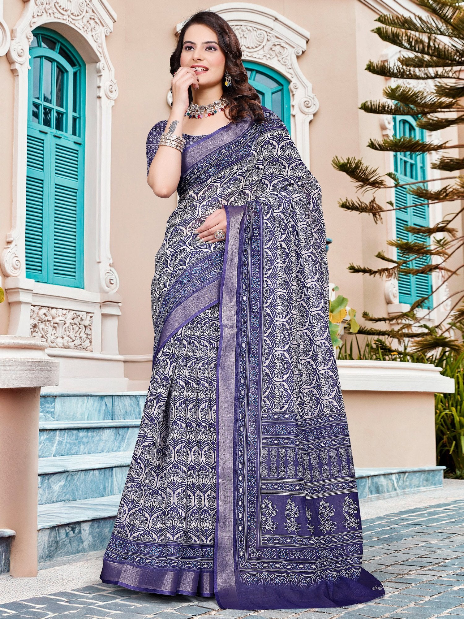 Purple Purple Sungudi Cotton Linen Digital Print Saree