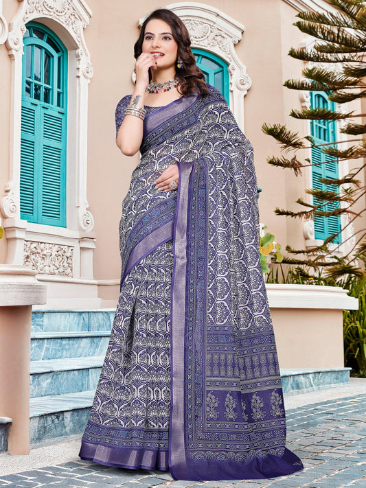 Purple Purple Sungudi Cotton Linen Digital Print Saree