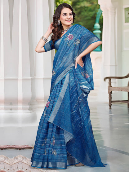 Blue Sungudi Cotton Linen Digital Print Saree