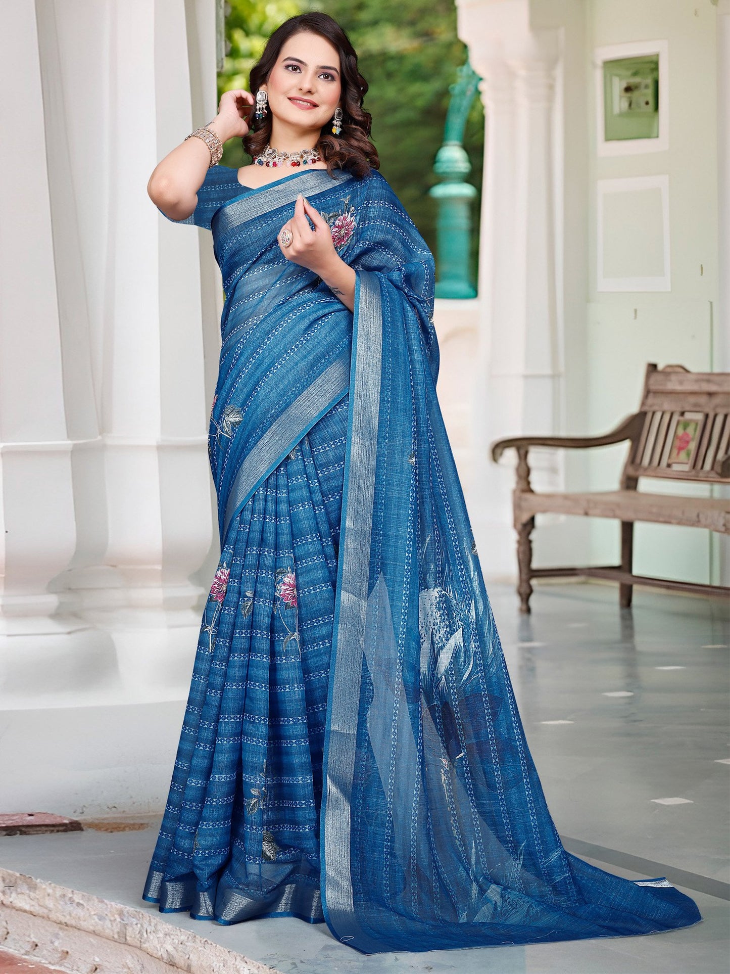Blue Blue Sungudi Cotton Linen Digital Print Saree