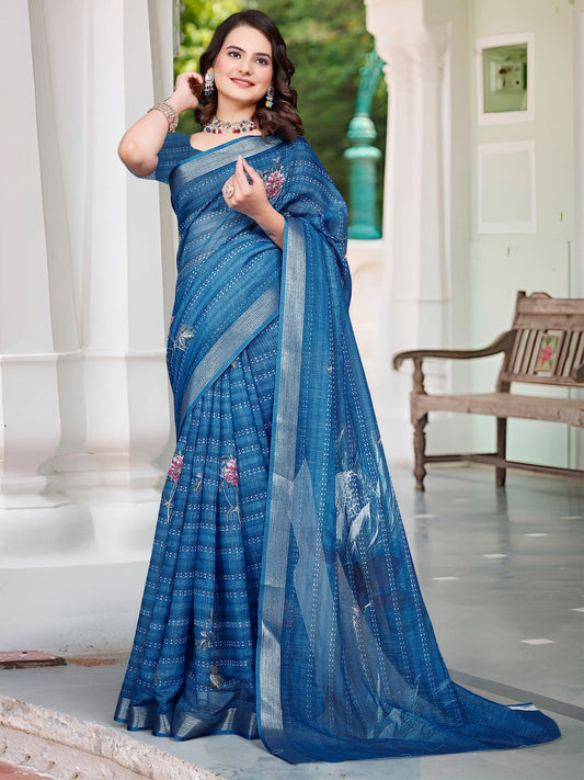 Blue Blue Sungudi Cotton Linen Digital Print Saree