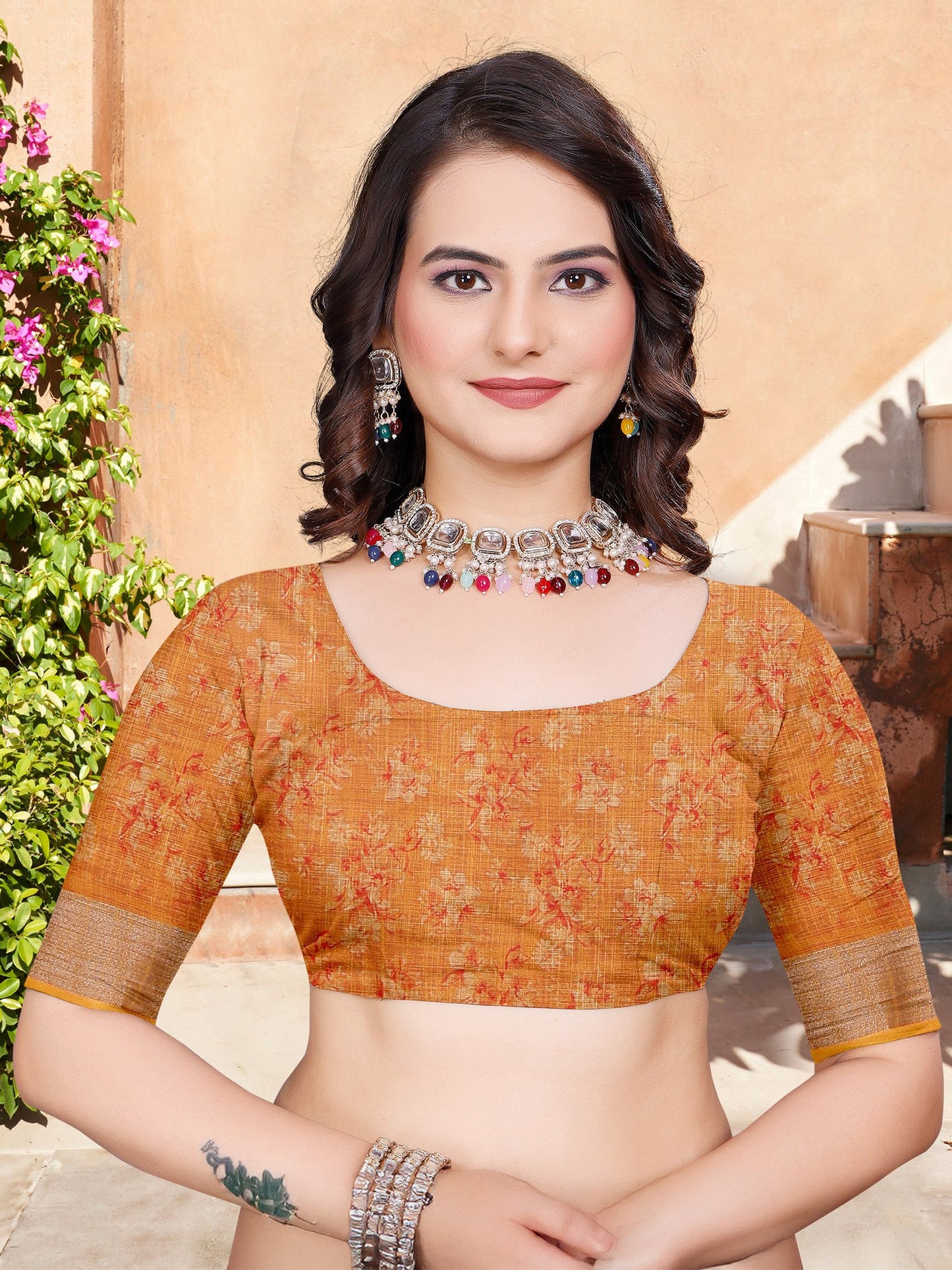 Off Sungudi Cotton Linen Digital Print Saree