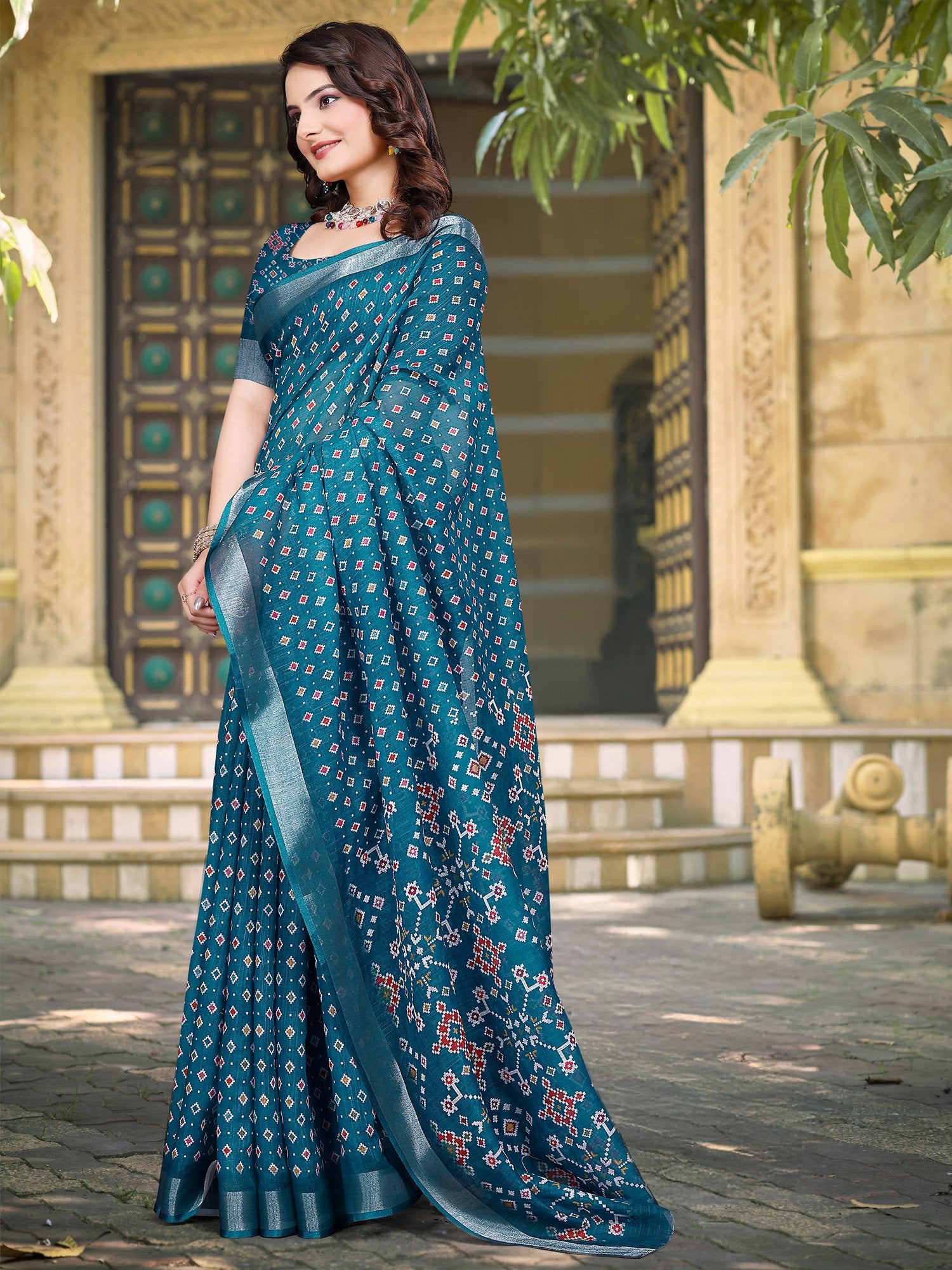 Teal Blue Sungudi Cotton Linen Digital Print Saree