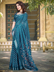 Teal Blue Sungudi Cotton Linen Digital Print Saree