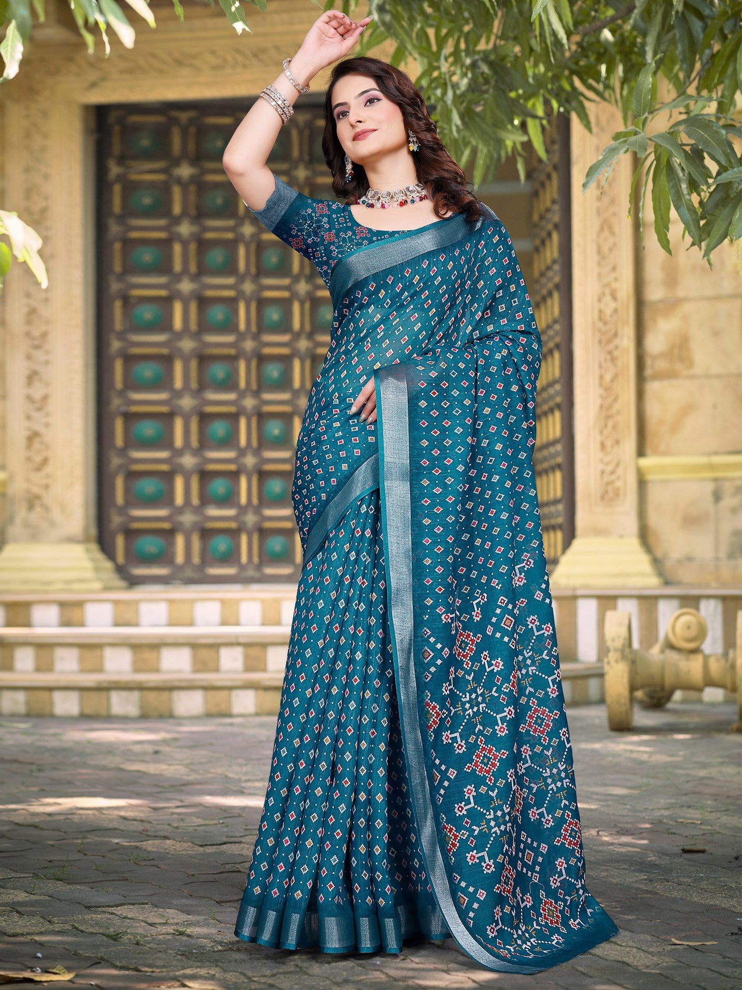 Blue  Teal Sungudi Cotton Linen Digital Print Saree