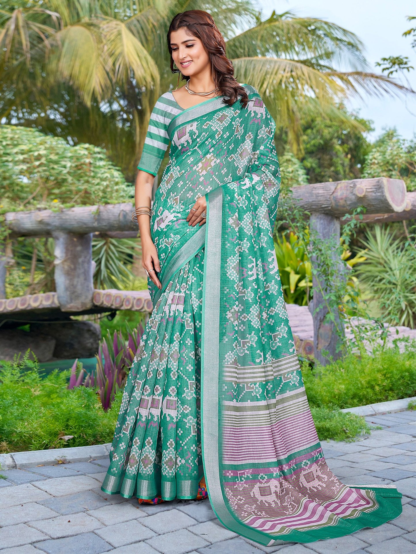 Blue Teal Ikat Cotton Linen Digital Print Saree