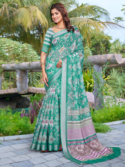 Blue Teal Ikat Cotton Linen Digital Print Saree