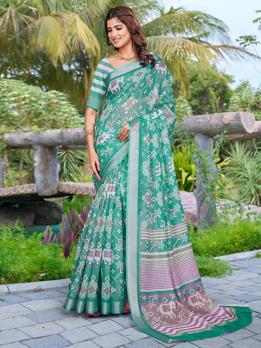 Blue Teal Ikat Cotton Linen Digital Print Saree