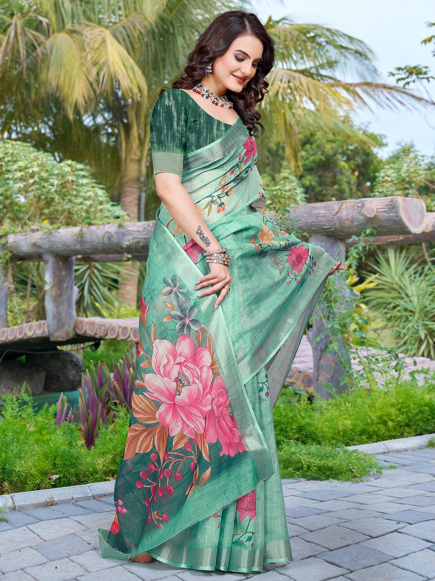 Light Block Print Cotton Linen Digital Print Saree