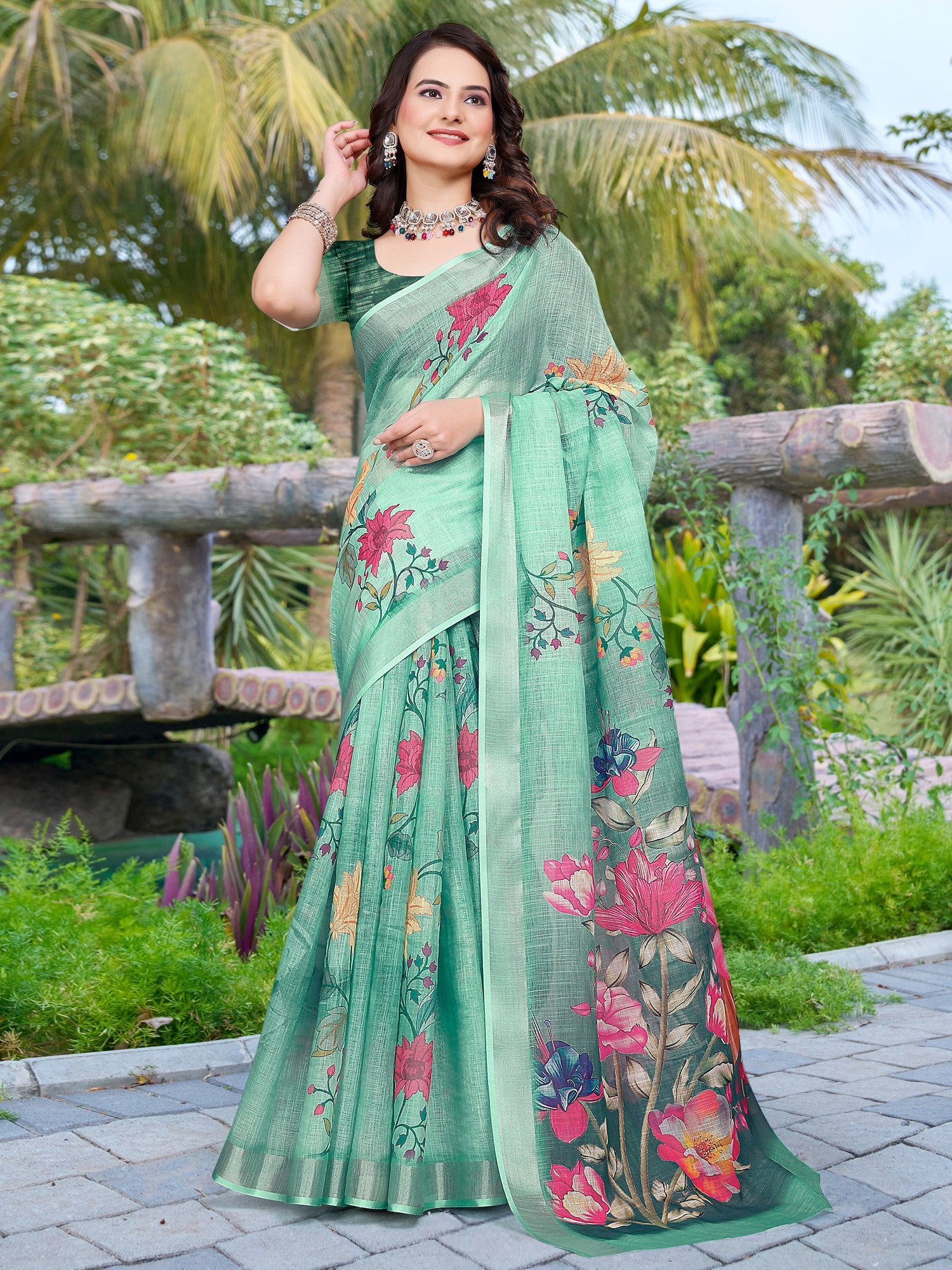 Green Light Block Print Cotton Linen Digital Print Saree