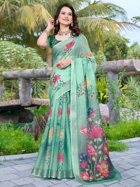 Green Light Block Print Cotton Linen Digital Print Saree