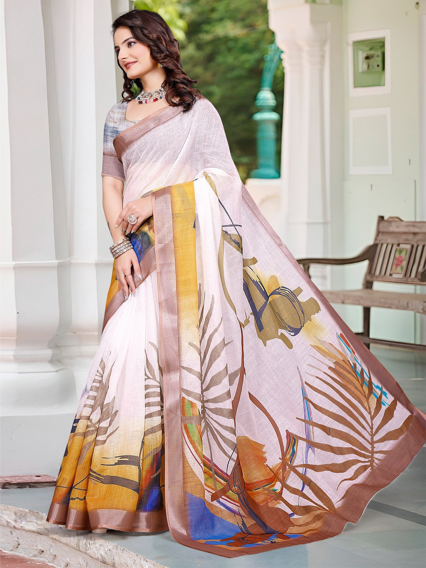 White Block Print Cotton Linen Digital Print Saree