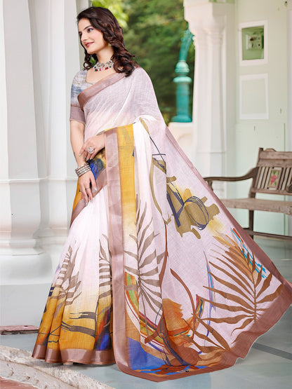 White Block Print Cotton Linen Digital Print Saree
