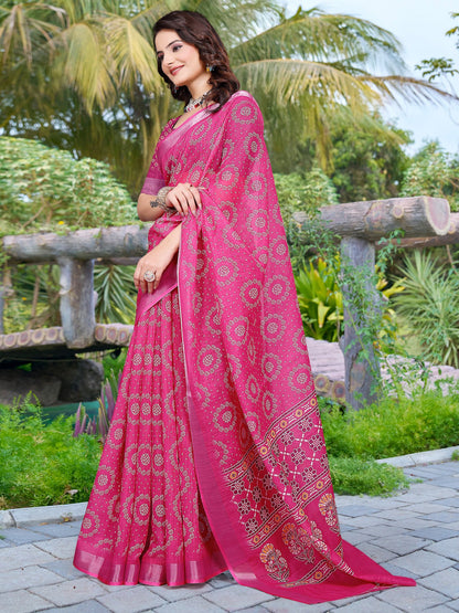 Pink Sungudi Cotton Linen Digital Print Saree
