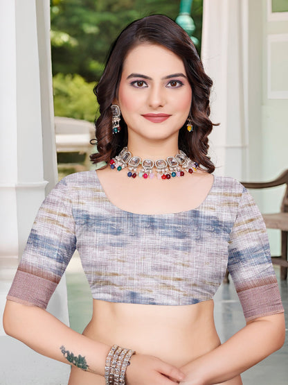 White Block Print Cotton Linen Digital Print Saree