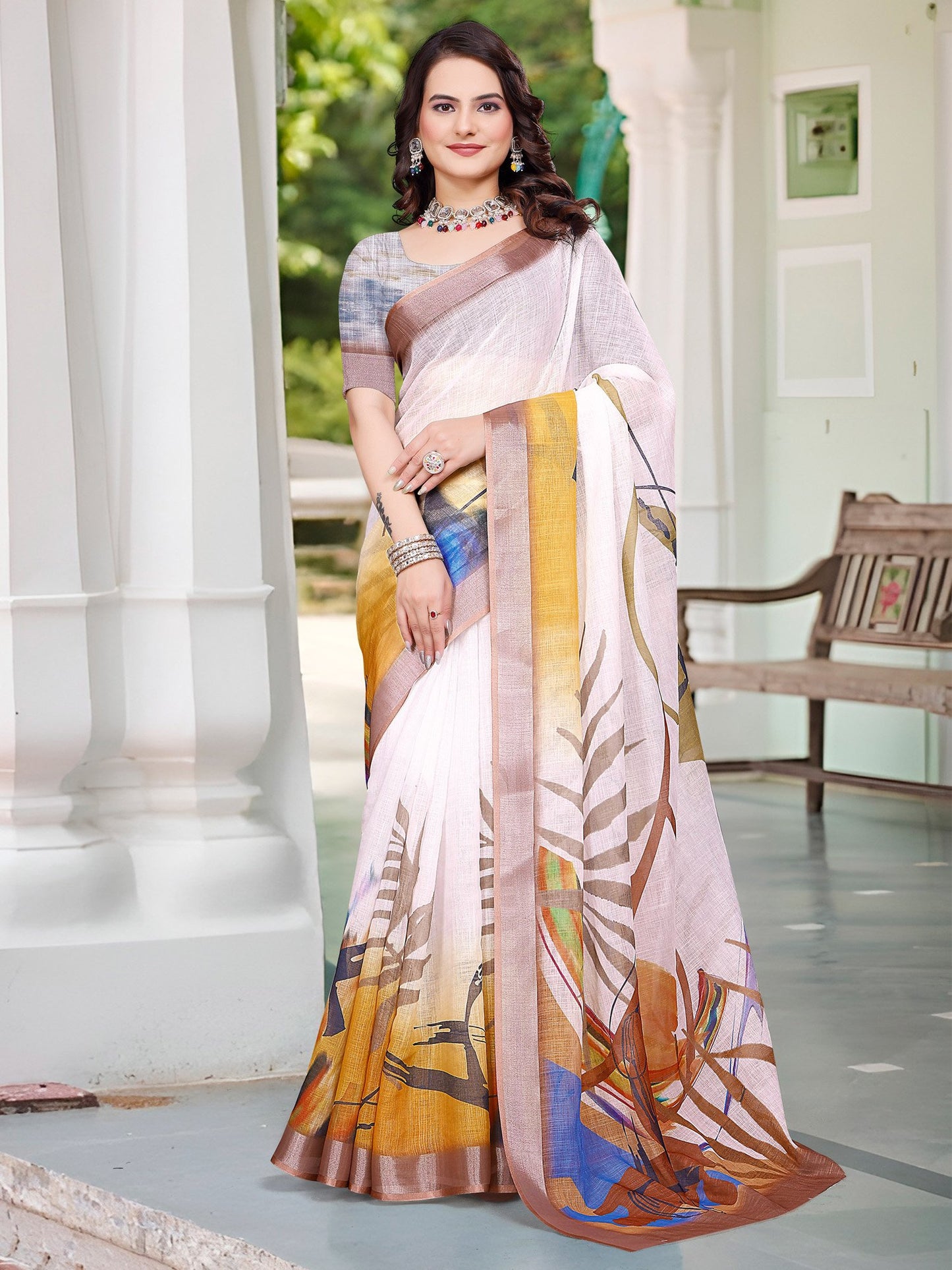 White White Block Print Cotton Linen Digital Print Saree