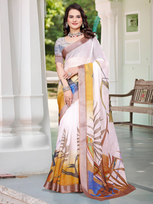 White White Block Print Cotton Linen Digital Print Saree