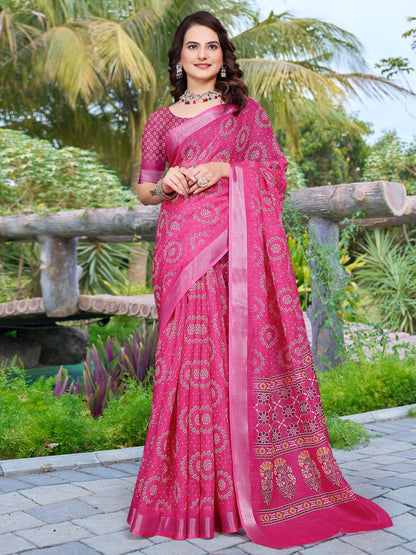 Pink Pink Sungudi Cotton Linen Digital Print Saree