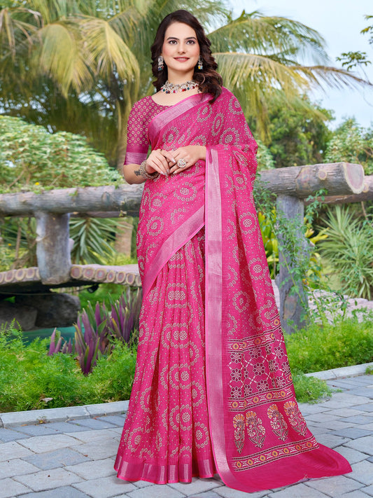 Pink Pink Sungudi Cotton Linen Digital Print Saree