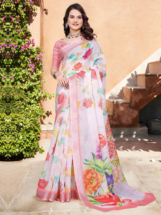 White White Block Print Cotton Linen Digital Print Saree