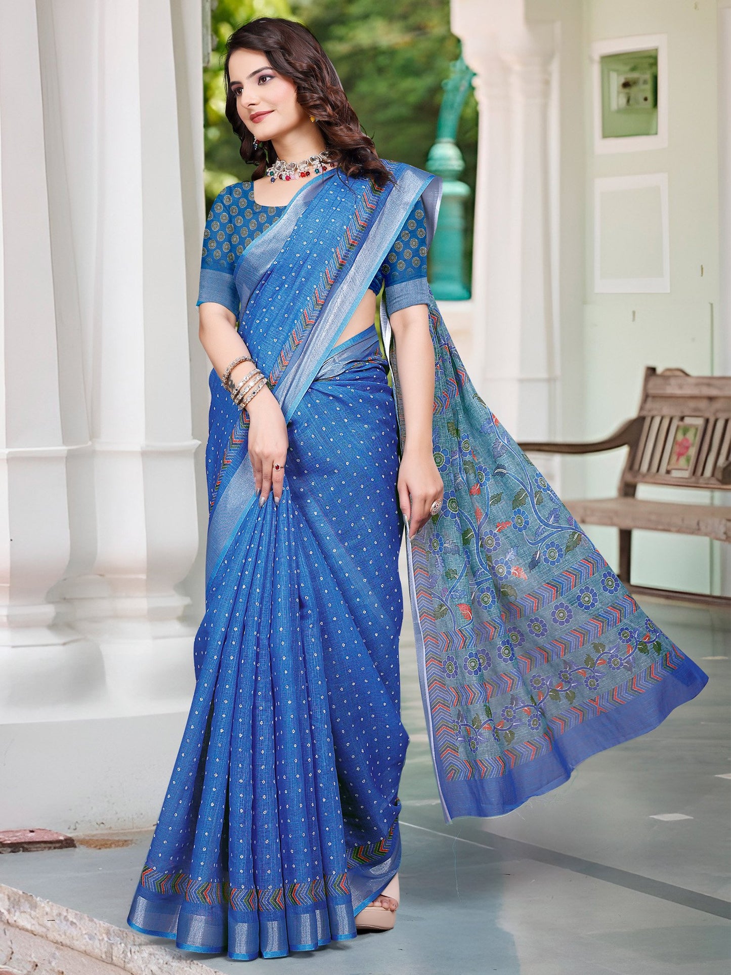 Blue Bagru Cotton Linen Digital Print Saree