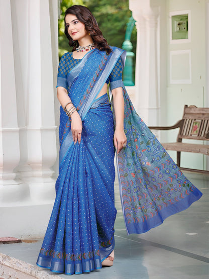 Blue Bagru Cotton Linen Digital Print Saree