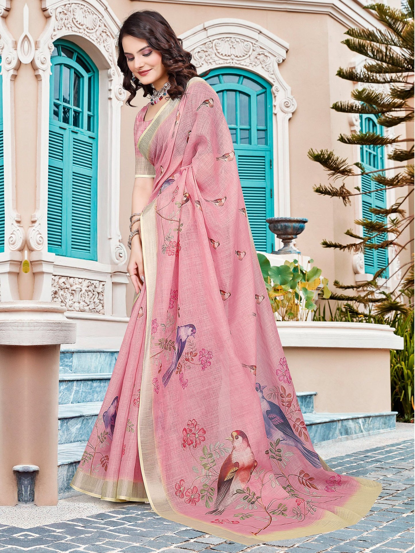 Mauve Sungudi Cotton Linen Digital Print Saree