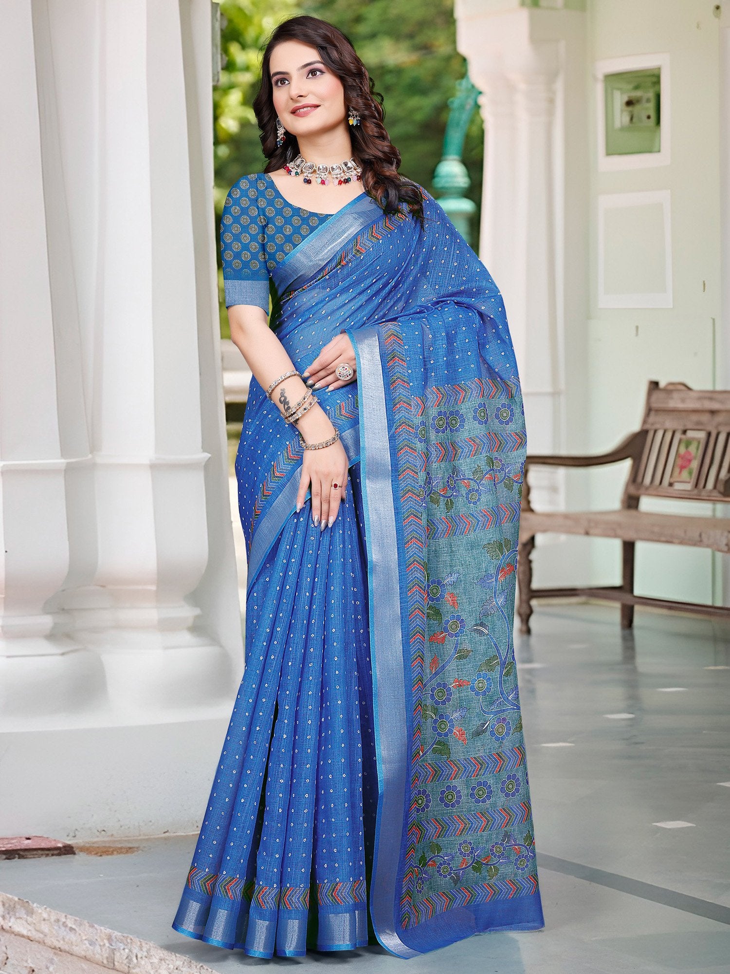 Blue Blue Bagru Cotton Linen Digital Print Saree