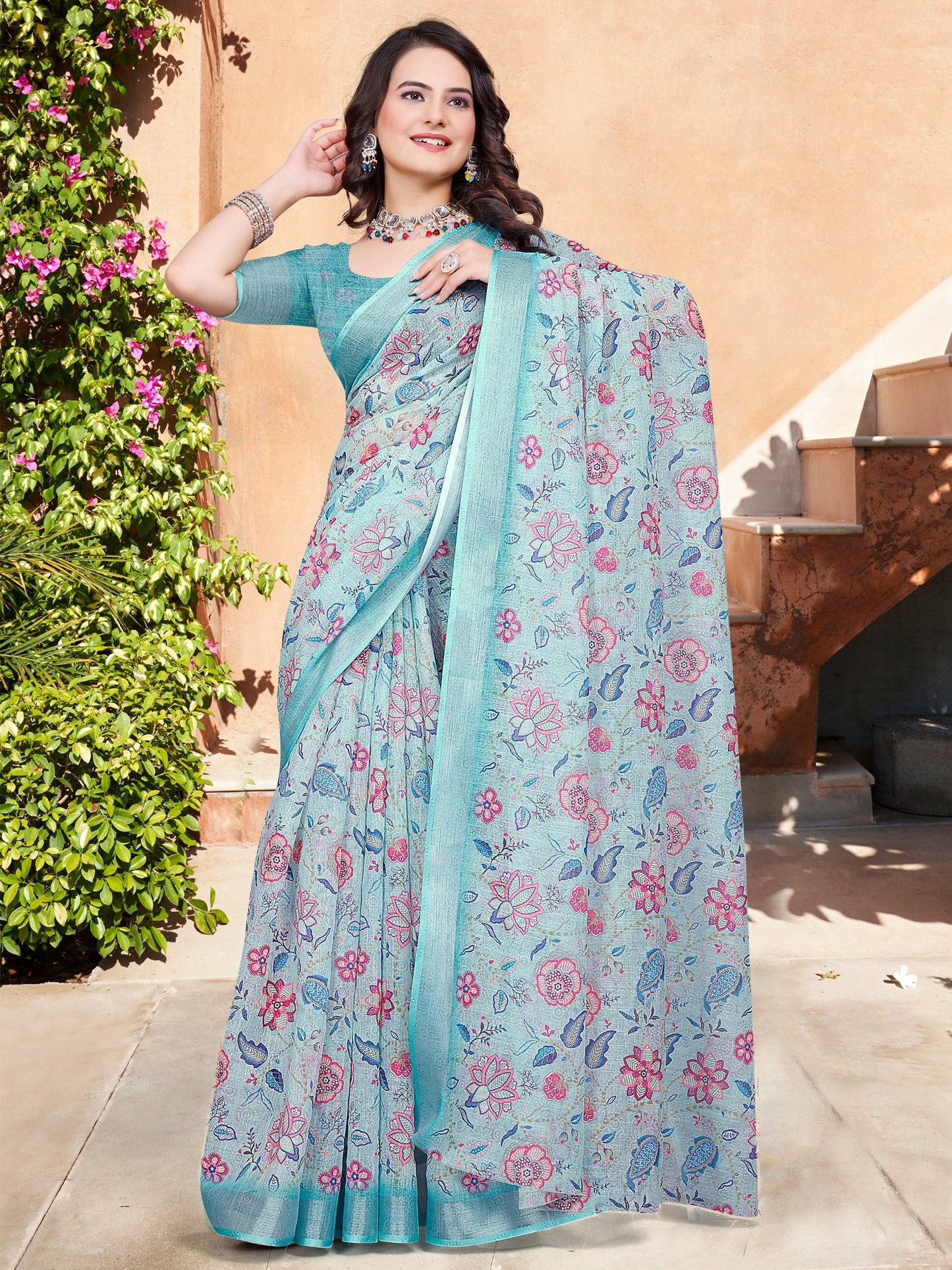 Light Sungudi Cotton Linen Digital Print Saree