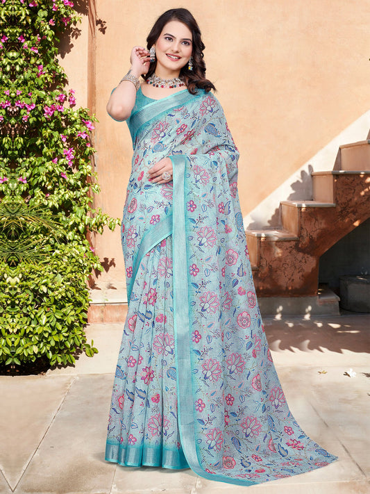Blue Light Sungudi Cotton Linen Digital Print Saree