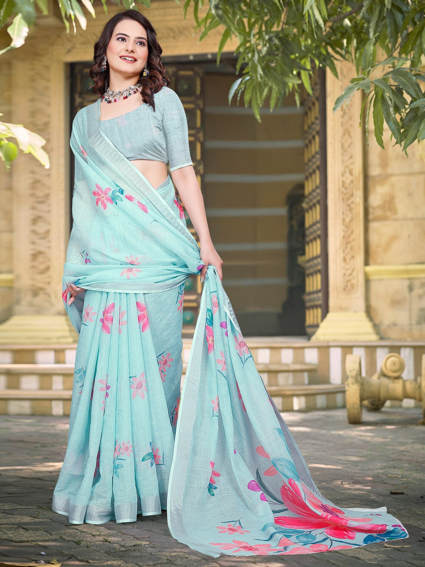 Light Block Print Cotton Linen Digital Print Saree