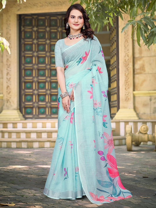 Blue Light Block Print Cotton Linen Digital Print Saree