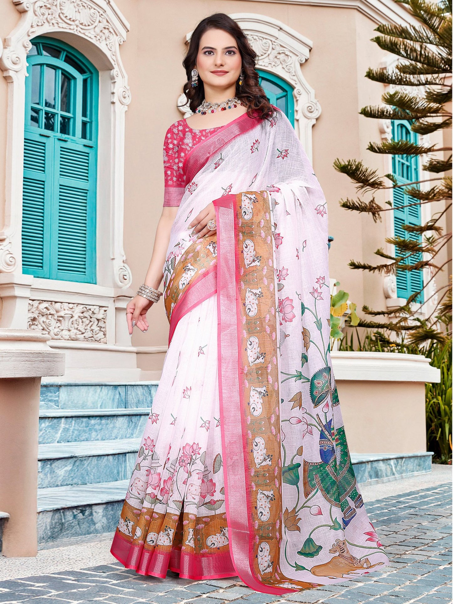 White White Sungudi Cotton Linen Digital Print Saree