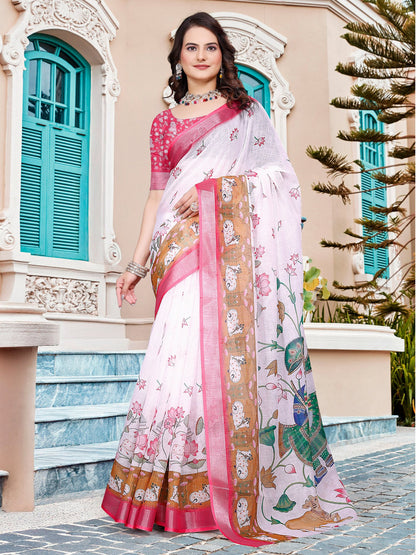 White White Sungudi Cotton Linen Digital Print Saree