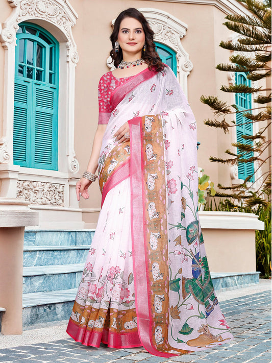 White White Sungudi Cotton Linen Digital Print Saree