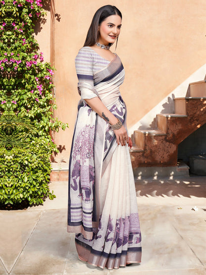 Off Block Print Cotton Linen Digital Print Saree