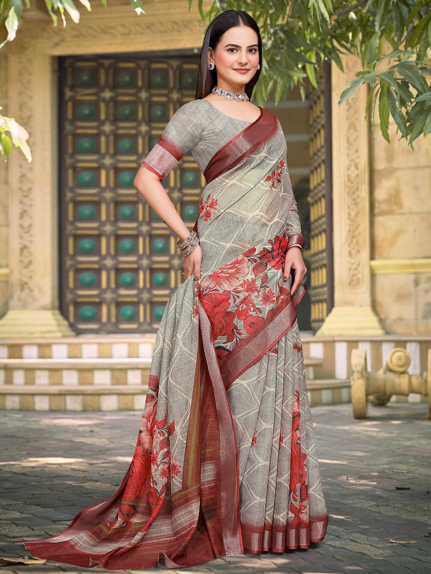 Sea Block Print Cotton Linen Digital Print Saree