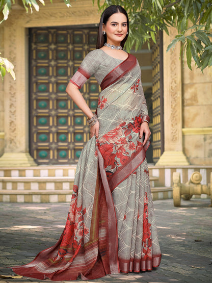 Sea Block Print Cotton Linen Digital Print Saree
