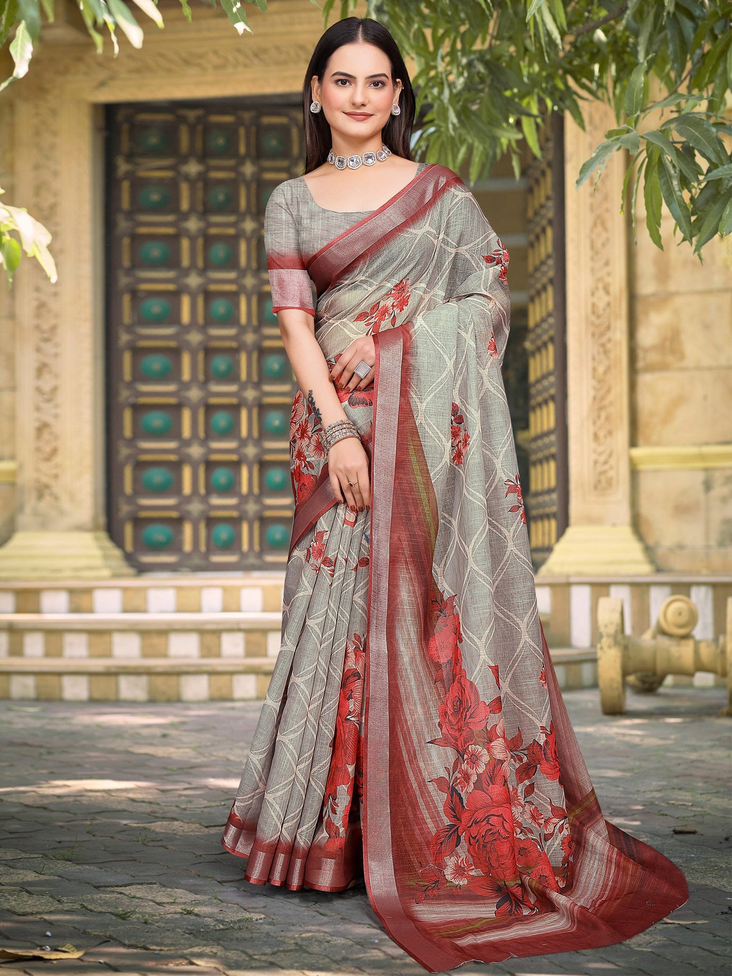 Grey Sea Block Print Cotton Linen Digital Print Saree