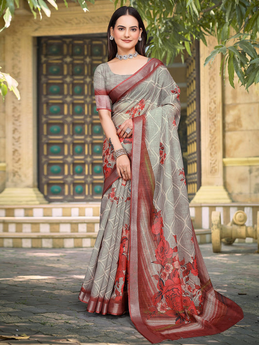 Grey Sea Block Print Cotton Linen Digital Print Saree